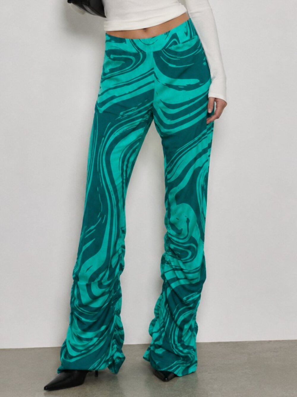 FINESSE Danika Pant Green Turquoise Swirl Ruched Flare Pants Size L